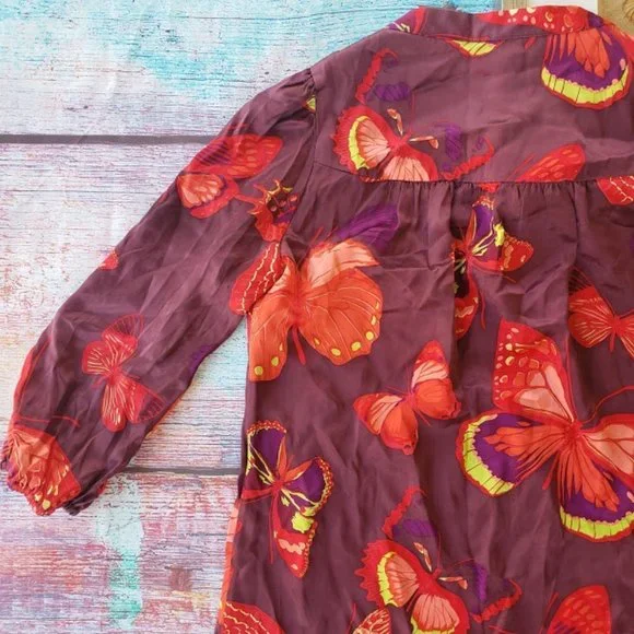 Amour Vert Red Dalila Silk Butterfly Print Tunic Shift Mini Dress M - Picture 8 of 11